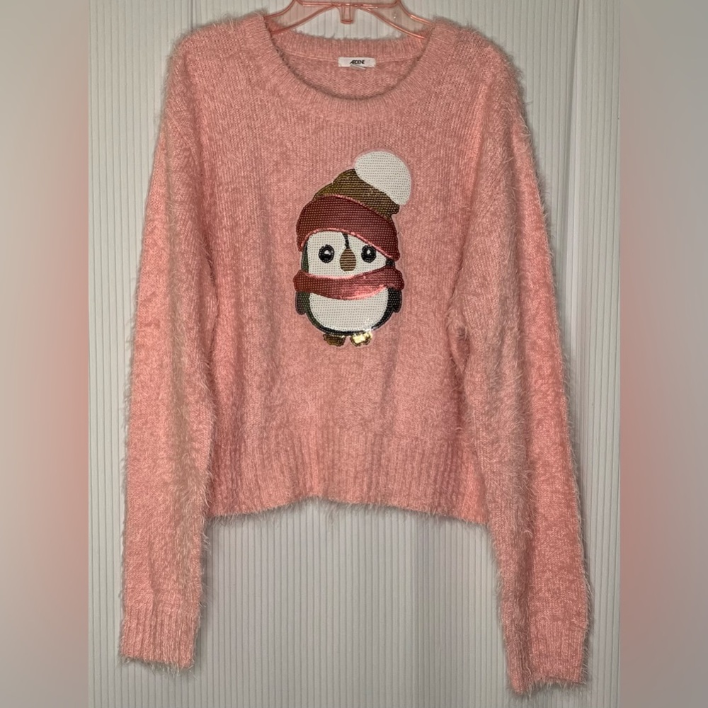 ARDENE Pink Soft Knit Sweater with Sequin Penguin in Hat and Scarf Large